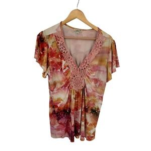 One World Top Womens XL Boho Hippie Lace Bling Abstract Fairy Flowy Lightweight